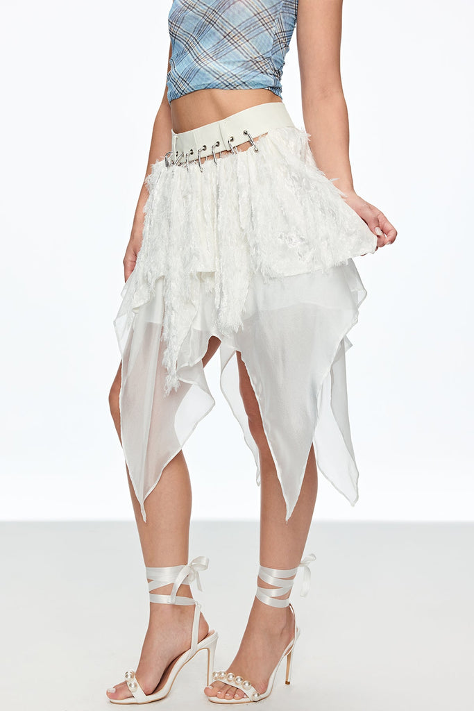 Shop  beautiful mini - Perfect for special occasions | Caio Feather Asymmetric Mini Skirt