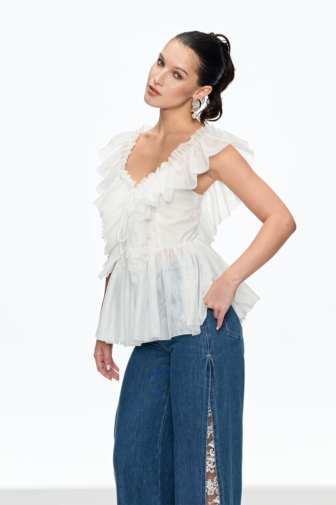 Caitlin Plunge Ruch Mesh Top - Stylish beautiful dress for special occasions | Buy Online