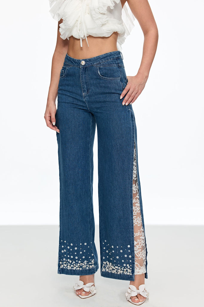 Stylish beautiful dress | Caitlyn Lace Pearl Split Jeans - Ideal for special occasions
