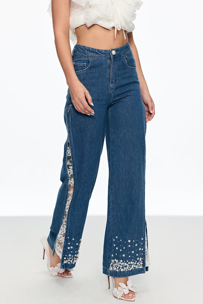 Caitlyn Lace Pearl Split Jeans - Stylish beautiful dress for special occasions | Buy Online