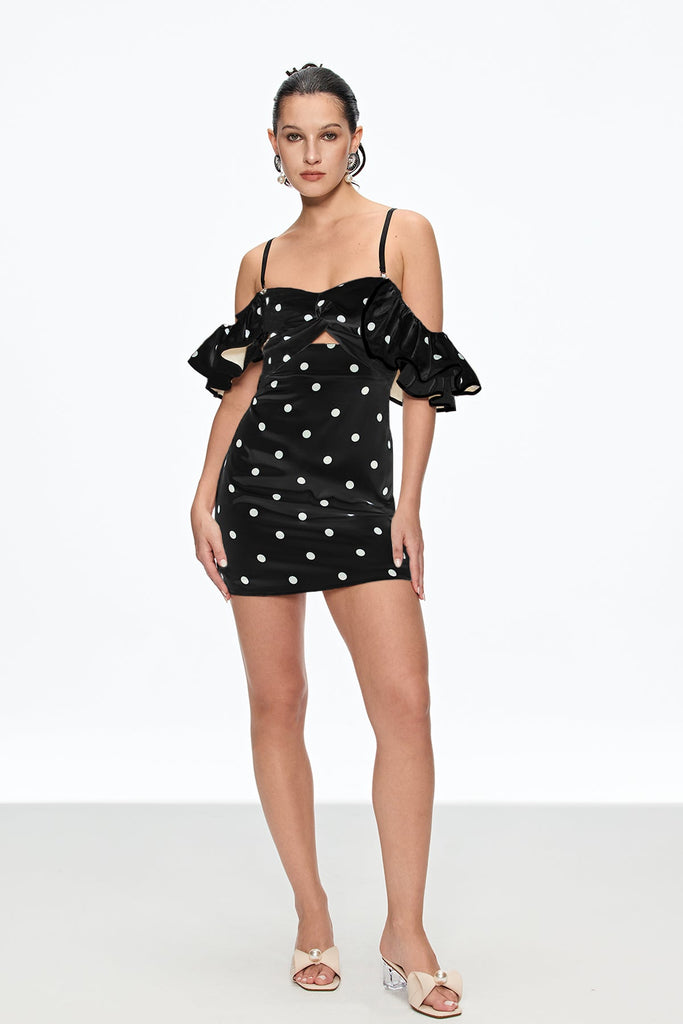 Stylish black dress | Caj Dot Off Shoulder Mini Dress In Black - Ideal for special occasions