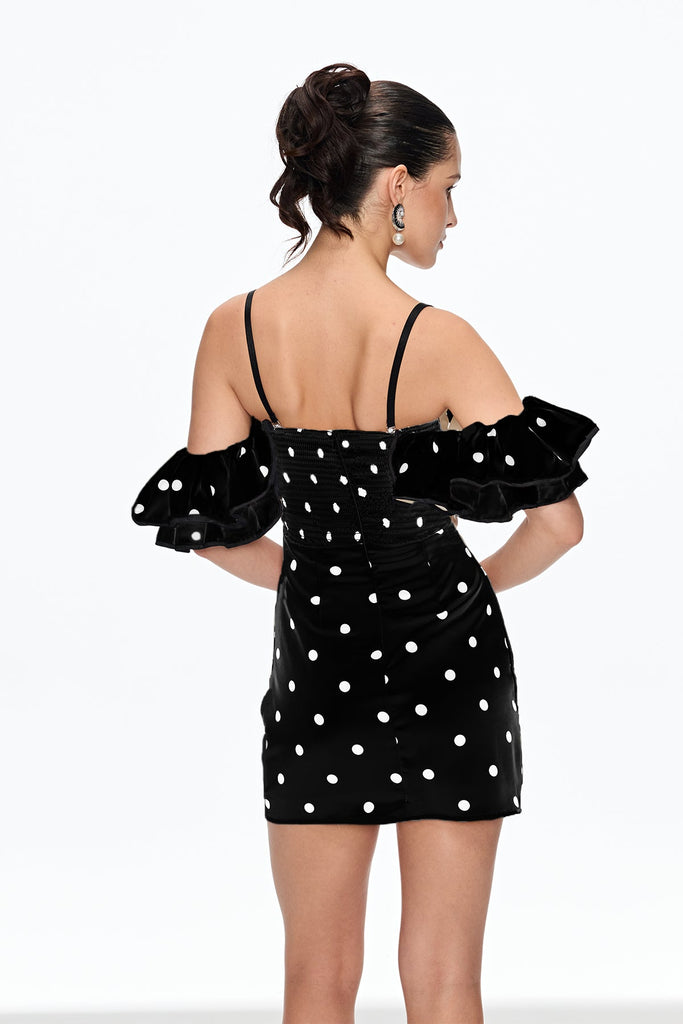 Caj Dot Off Shoulder Mini Dress In Black - Stylish black dress for special occasions | Buy Online