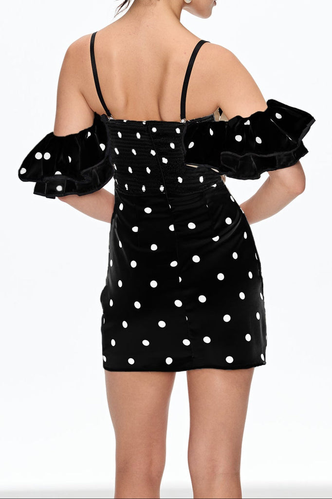 hermosa Dot Off Shoulder Mini Dress In Black - Stylish black dress for special occasions | Buy Online