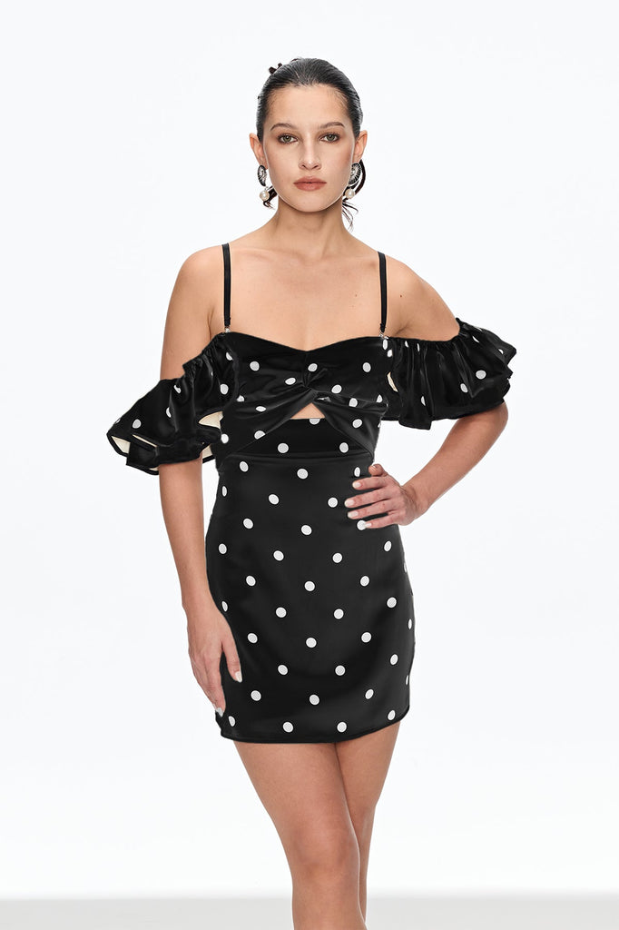 Stylish black dress | Caj Dot Off Shoulder Mini Dress In Black - Ideal for special occasions