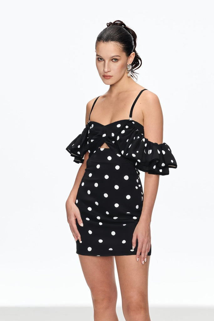 Shop  black dress - Perfect for special occasions | hermosa Dot Off Shoulder Mini Dress In Black