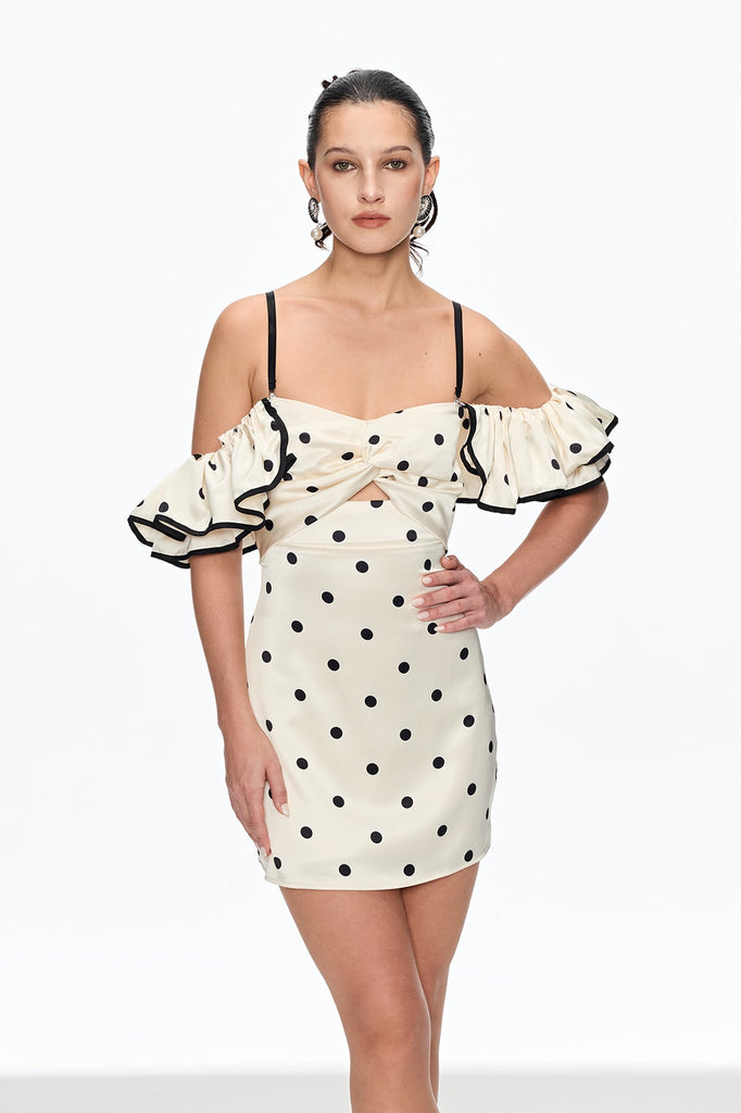 Caj Dot Off Shoulder Mini Dress In White - Stylish white dress for special occasions | Buy Online