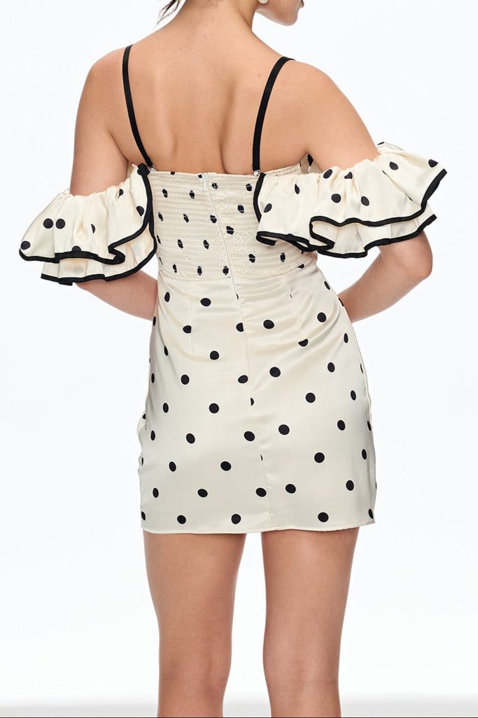 hermosa Dot Off Shoulder Mini Dress In White - Stylish white dress for special occasions | Buy Online