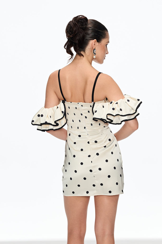 Caj Dot Off Shoulder Mini Dress In White - Stylish white dress for special occasions | Buy Online