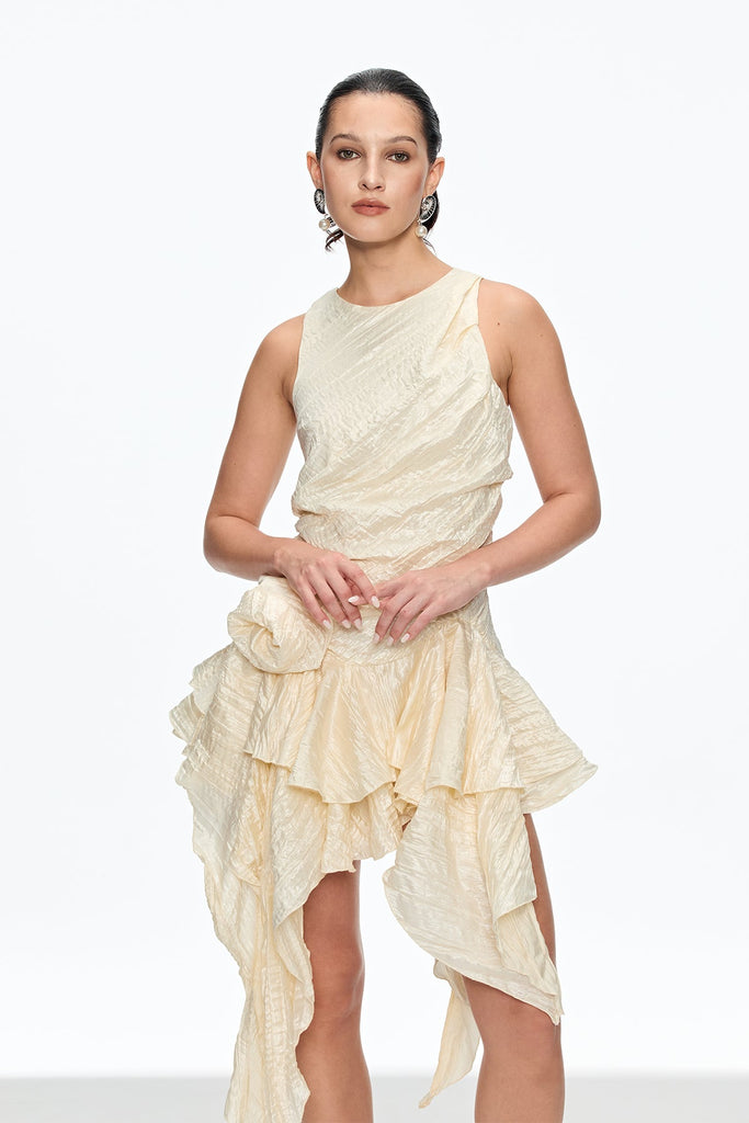 Caleb Flower Ruch Asymmetric Mini Dress In Apricot - Stylish beautiful dress for special occasions | Buy Online