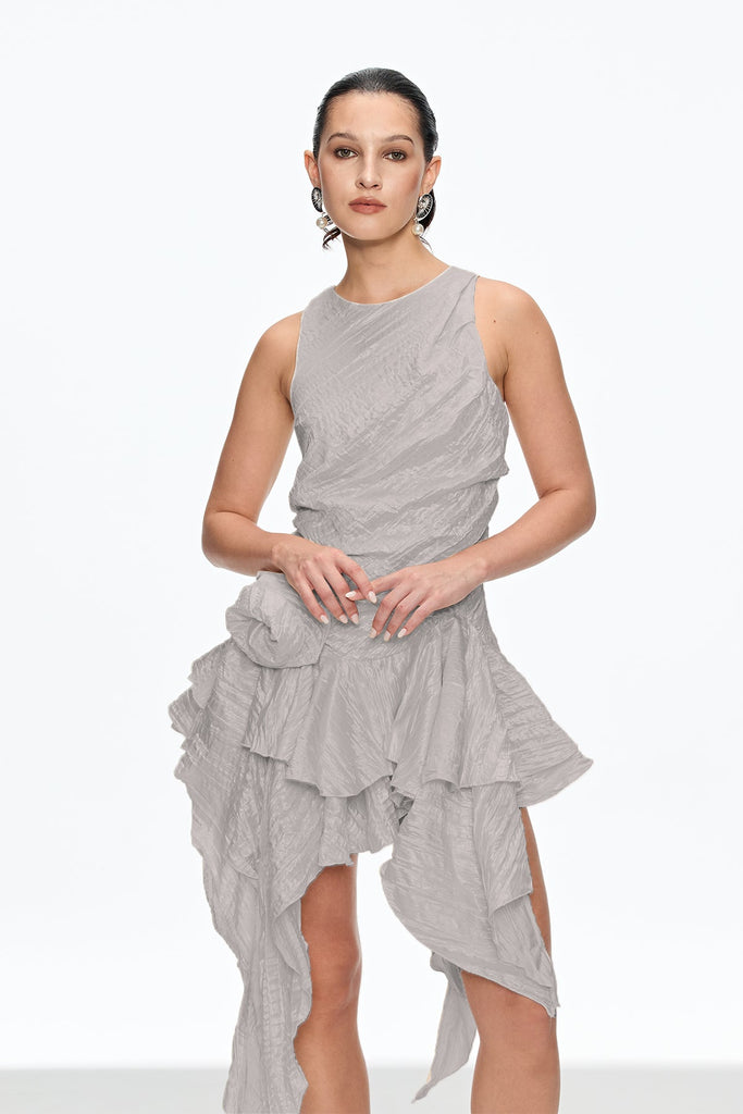Stylish beautiful dress | Caleb Flower Ruch Asymmetric Mini Dress In Grey - Ideal for special occasions