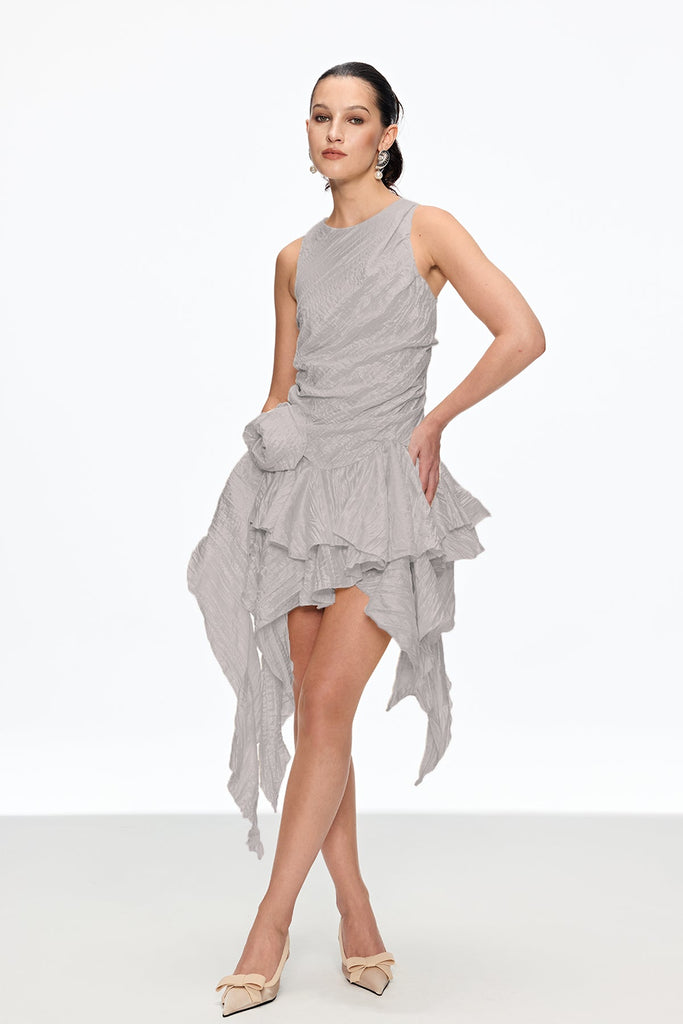 Caleb Flower Ruch Asymmetric Mini Dress In Grey - Stylish beautiful dress for special occasions | Buy Online