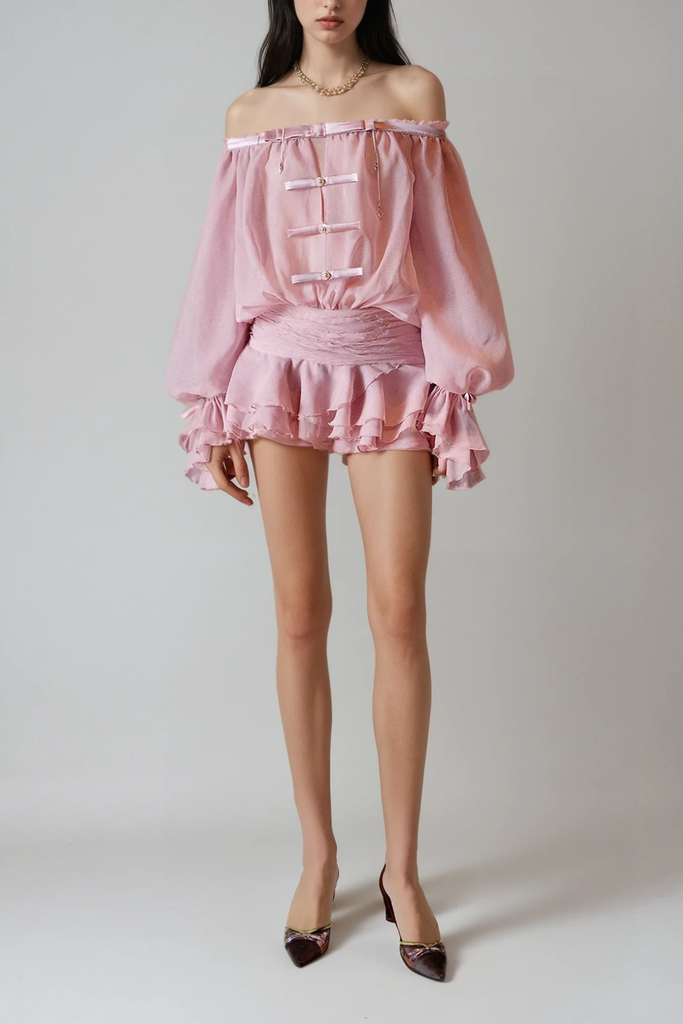 Stylish pink dress | Calista Bow Off Shoulder Ruch Mini Dress In Pink - Ideal for special occasions