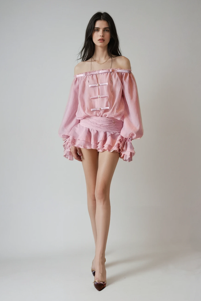 Calista Bow Off Shoulder Ruch Mini Dress In Pink - Stylish pink dress for special occasions | Buy Online