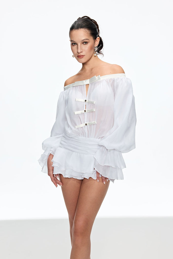 Shop  beautiful dress - Perfect for special occasions | Calista Bow Off Shoulder Ruch Mini Dress