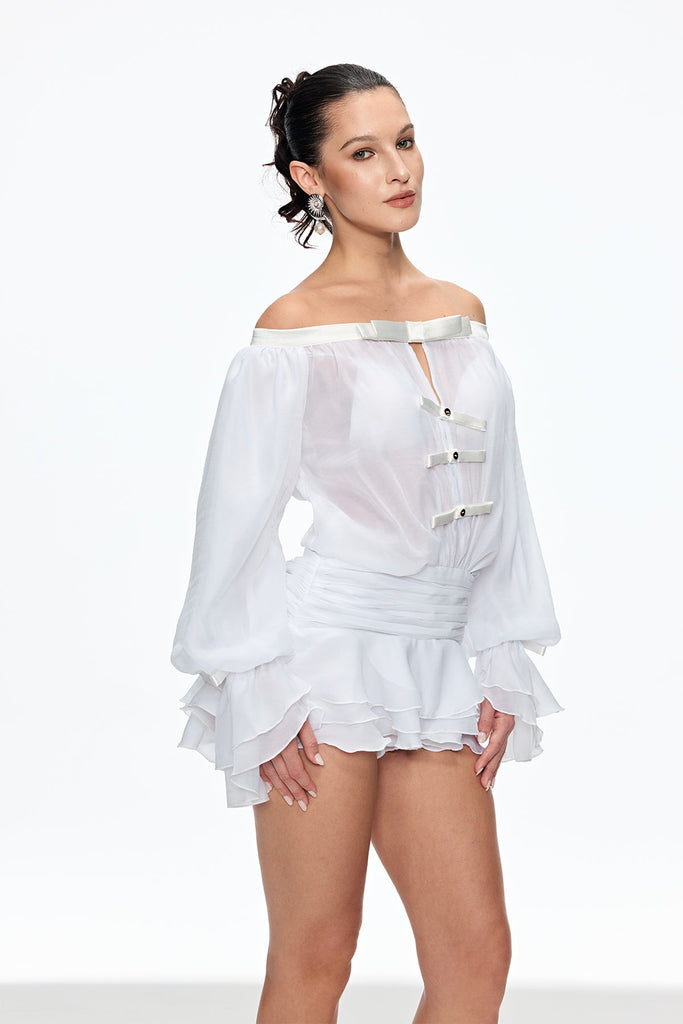 Shop  beautiful dress - Perfect for special occasions | Calista Bow Off Shoulder Ruch Mini Dress