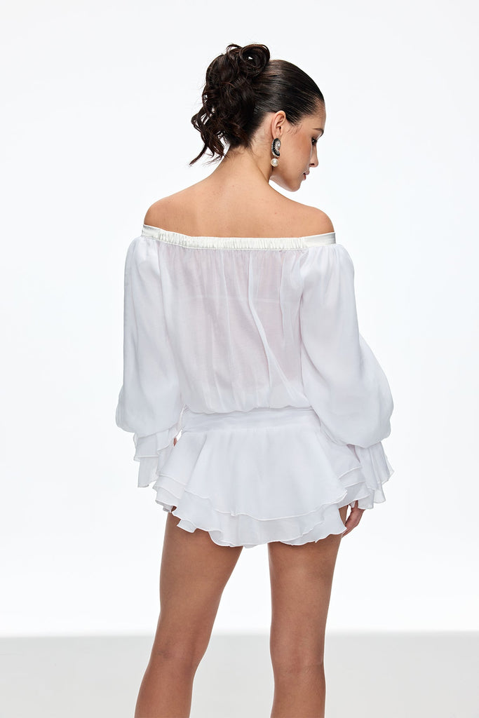 Calista Bow Off Shoulder Ruch Mini Dress - Stylish beautiful dress for special occasions | Buy Online