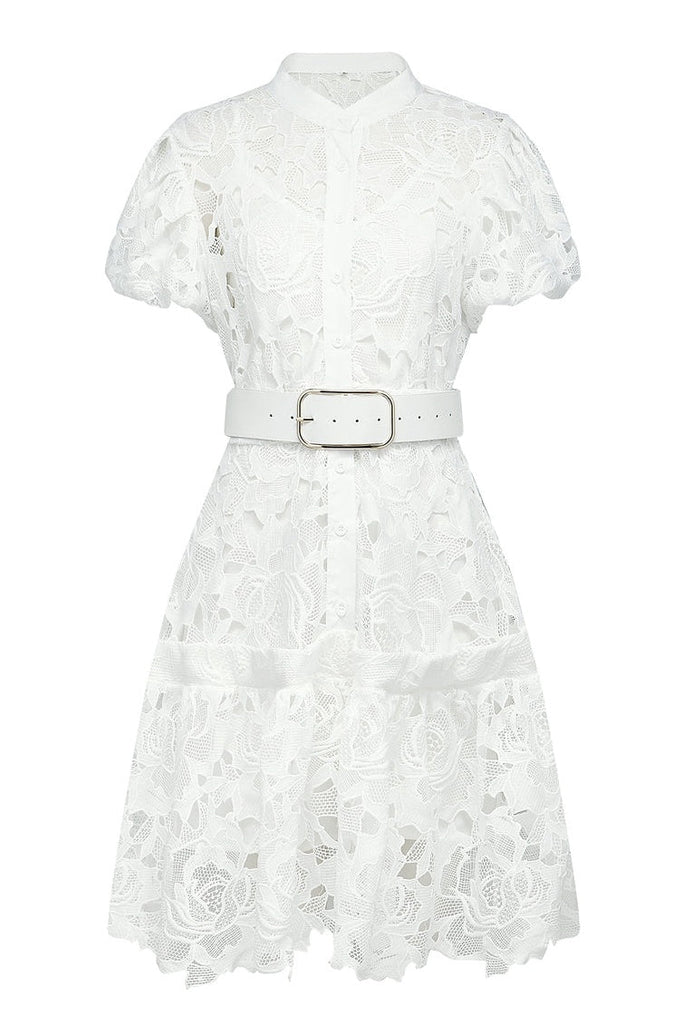 Stylish red dress | Calista Lace-embroidered Belted Mini Dress - Ideal for special occasions