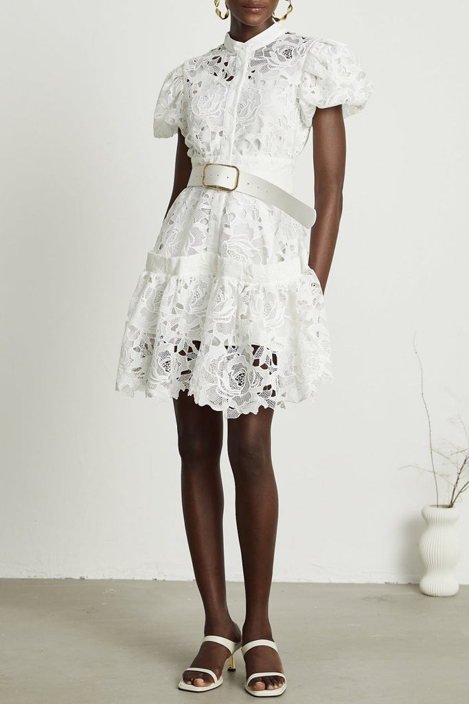 Shop  red dress - Perfect for special occasions | Calista Lace-embroidered Belted Mini Dress