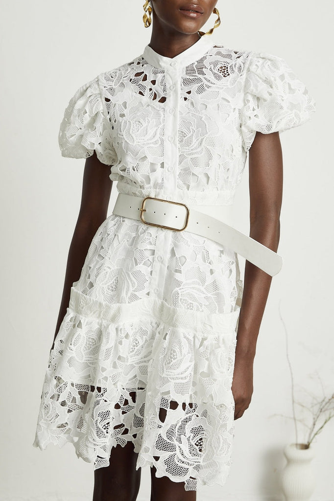 Stylish red dress | Calista Lace-embroidered Belted Mini Dress - Ideal for special occasions