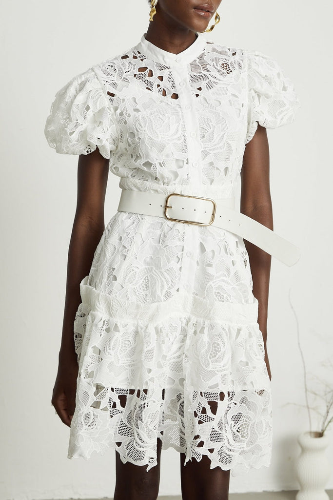 Shop  red dress - Perfect for special occasions | Calista Lace-embroidered Belted Mini Dress