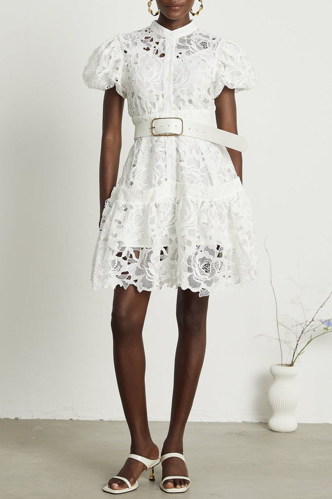 Calista Lace-embroidered Belted Mini Dress - Stylish red dress for special occasions | Buy Online