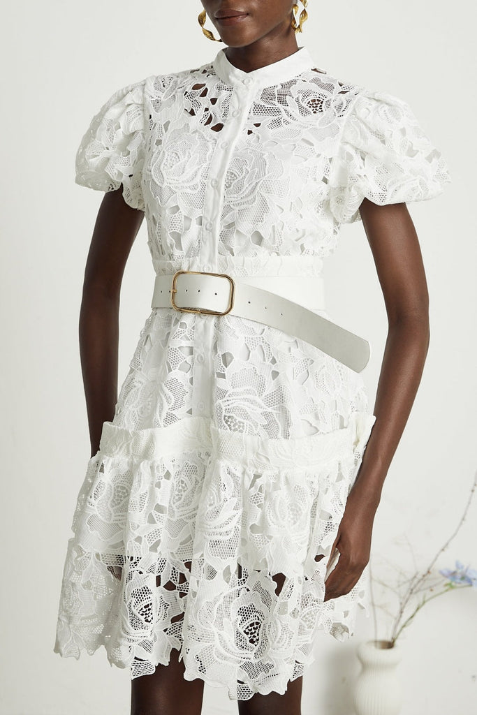 Calista Lace-embroidered Belted Mini Dress - Stylish red dress for special occasions | Buy Online