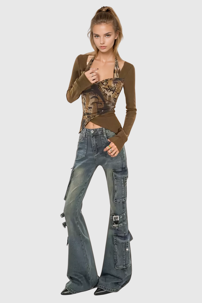 Calleigh Print Buckle Cargo Bootcut Jeans In Blue - Stylish blue dress for special occasions | Buy Online