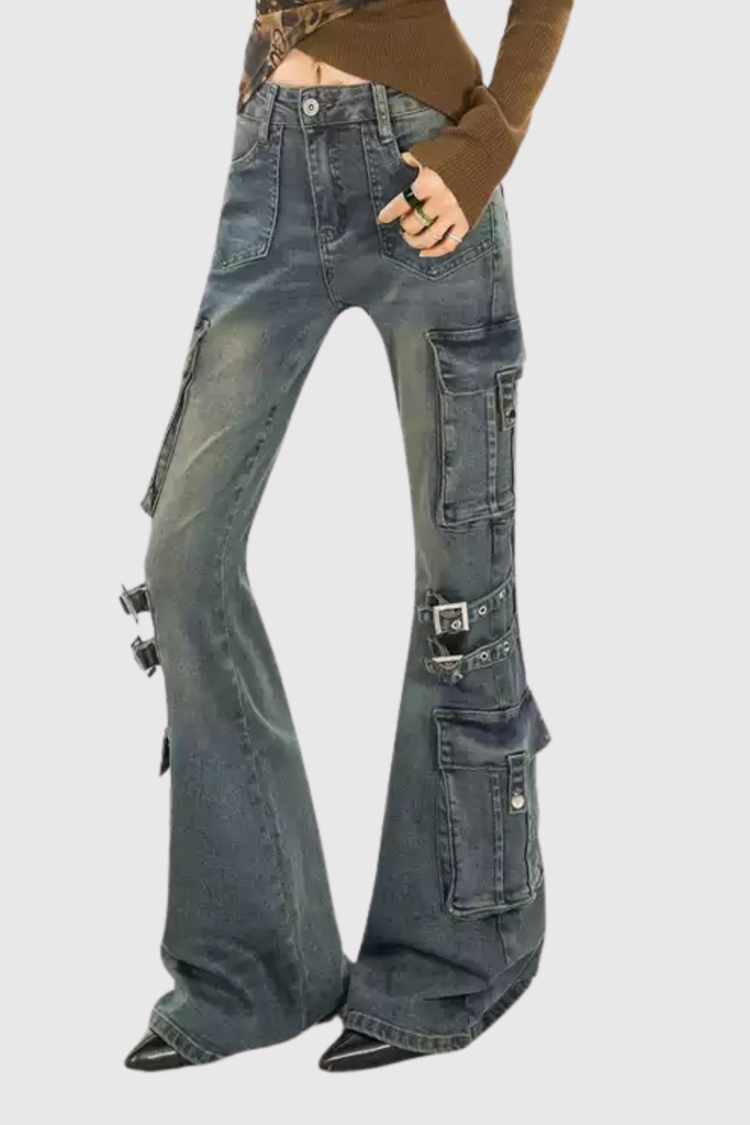 Stylish blue dress | Calleigh Print Buckle Cargo Bootcut Jeans In Blue - Ideal for special occasions