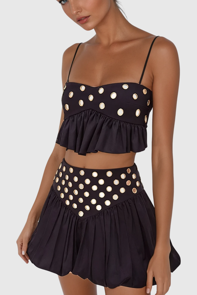 Shop  black dress - Perfect for special occasions | Calogera Cutout Embellished Ruch Skirt Set In Black