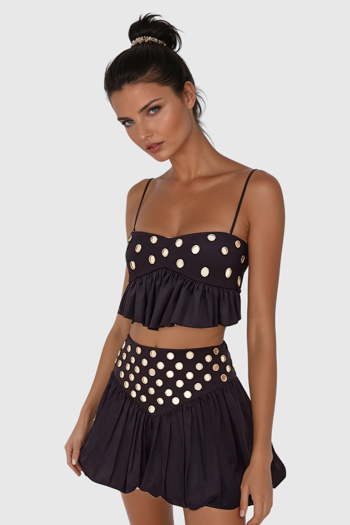 Stylish black dress | Calogera Cutout Embellished Ruch Skirt Set In Black - Ideal for special occasions