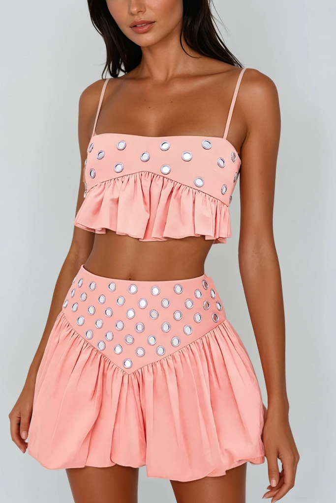 Shop  pink dress - Perfect for special occasions | Calogera Cutout Embellished Ruch Skirt Set In Pink