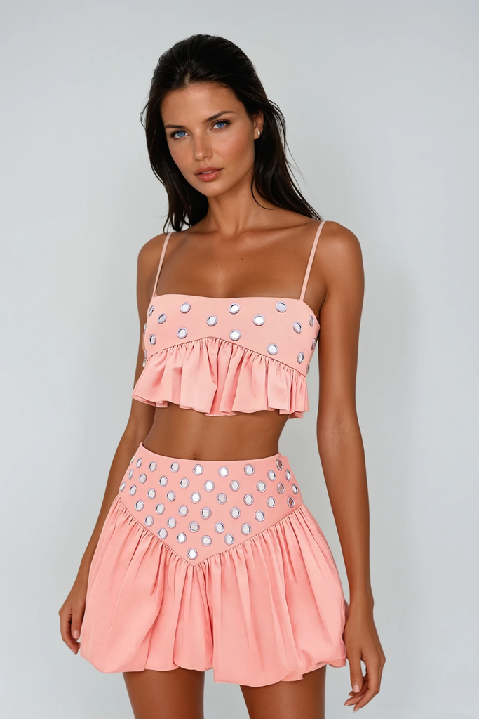 Stylish pink dress | Calogera Cutout Embellished Ruch Skirt Set In Pink - Ideal for special occasions