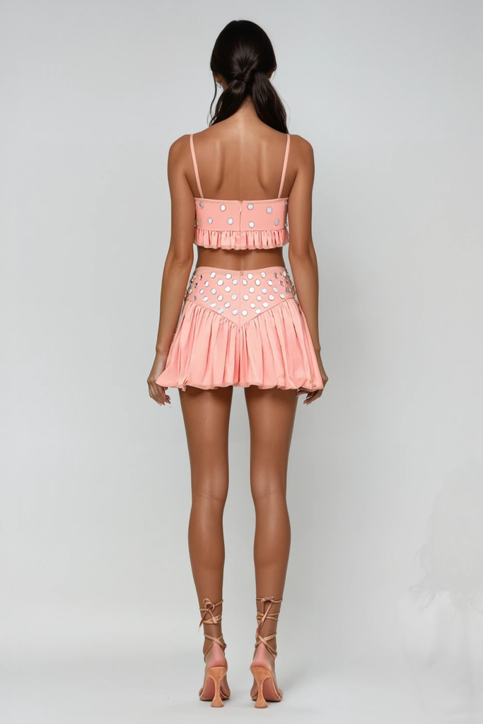 Stylish pink dress | Calogera Cutout Embellished Ruch Skirt Set In Pink - Ideal for special occasions