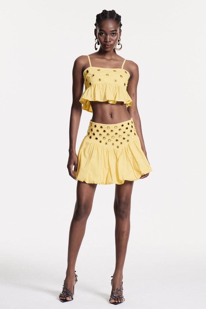 Stylish yellow dress | Calogera Cutout Embellished Ruch Skirt Set In Yellow - Ideal for special occasions