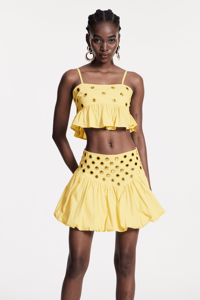 Stylish yellow dress | Calogera Cutout Embellished Ruch Skirt Set In Yellow - Ideal for special occasions