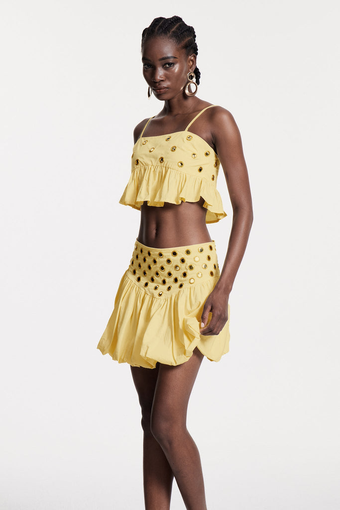 Stylish yellow dress | Calogera Cutout Embellished Ruch Skirt Set In Yellow - Ideal for special occasions