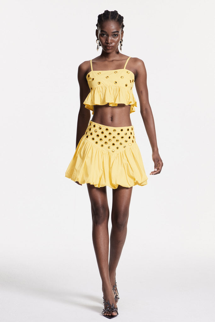 Stylish yellow dress | Calogera Cutout Embellished Ruch Skirt Set In Yellow - Ideal for special occasions