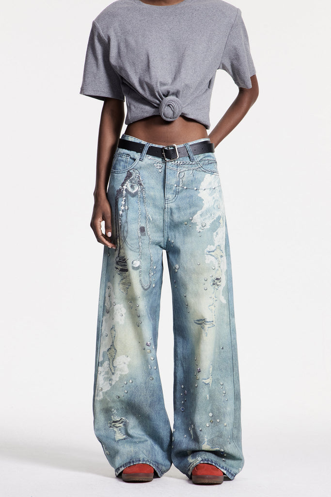 Calvagh Lace Print Wide Leg Jeans - Stylish beautiful dress for special occasions | Buy Online