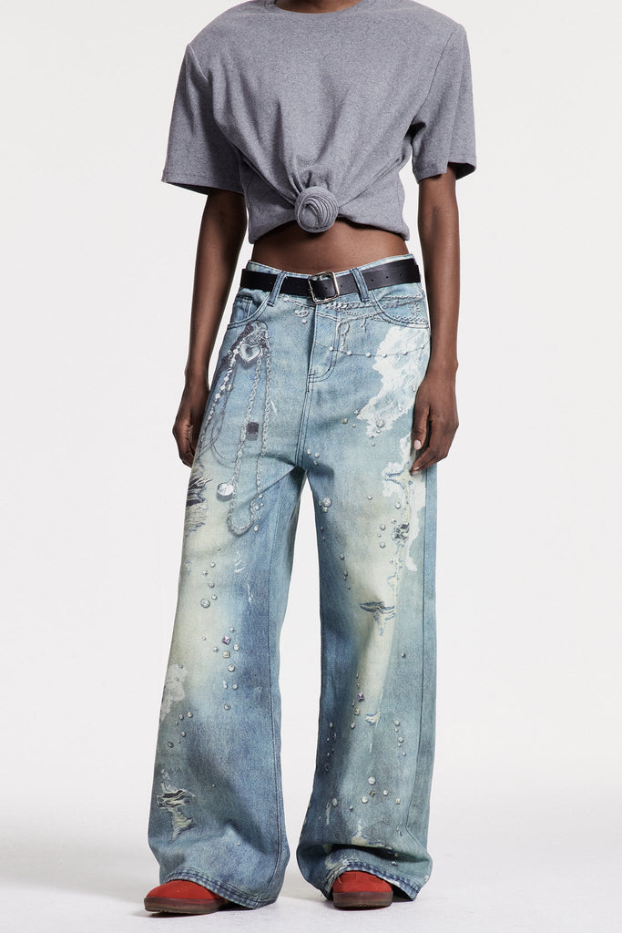 Calvagh Lace Print Wide Leg Jeans - Stylish beautiful dress for special occasions | Buy Online