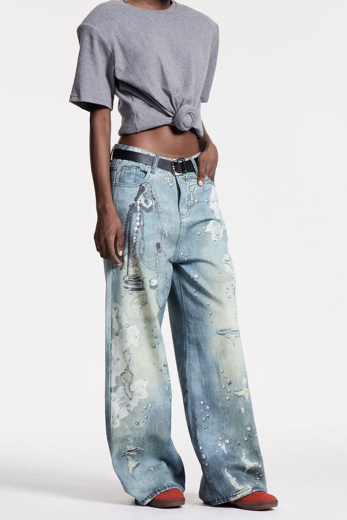 Calvagh Lace Print Wide Leg Jeans - Stylish beautiful dress for special occasions | Buy Online