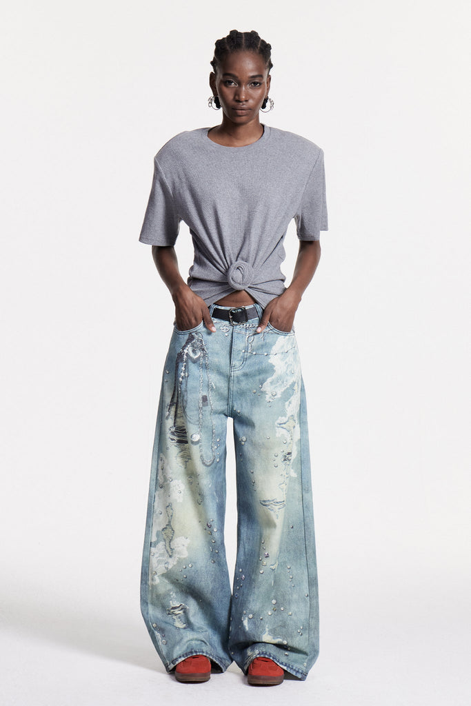 Calvagh Lace Print Wide Leg Jeans - Stylish beautiful dress for special occasions | Buy Online