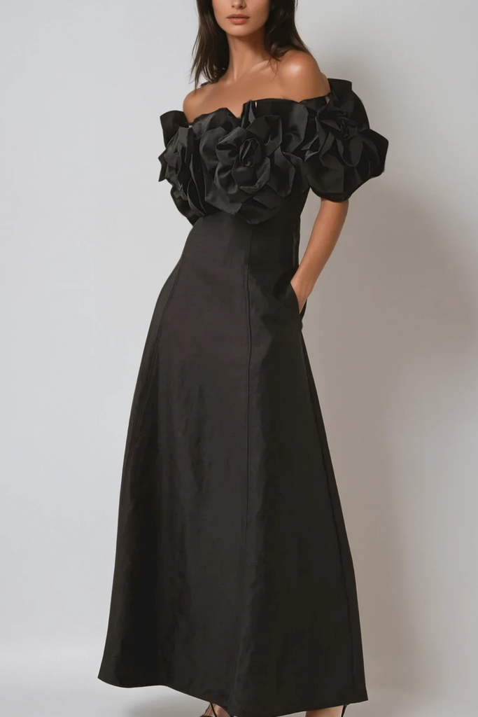 Stylish black dress | Calypso Flower Maxi Dress In Black - Ideal for special occasions