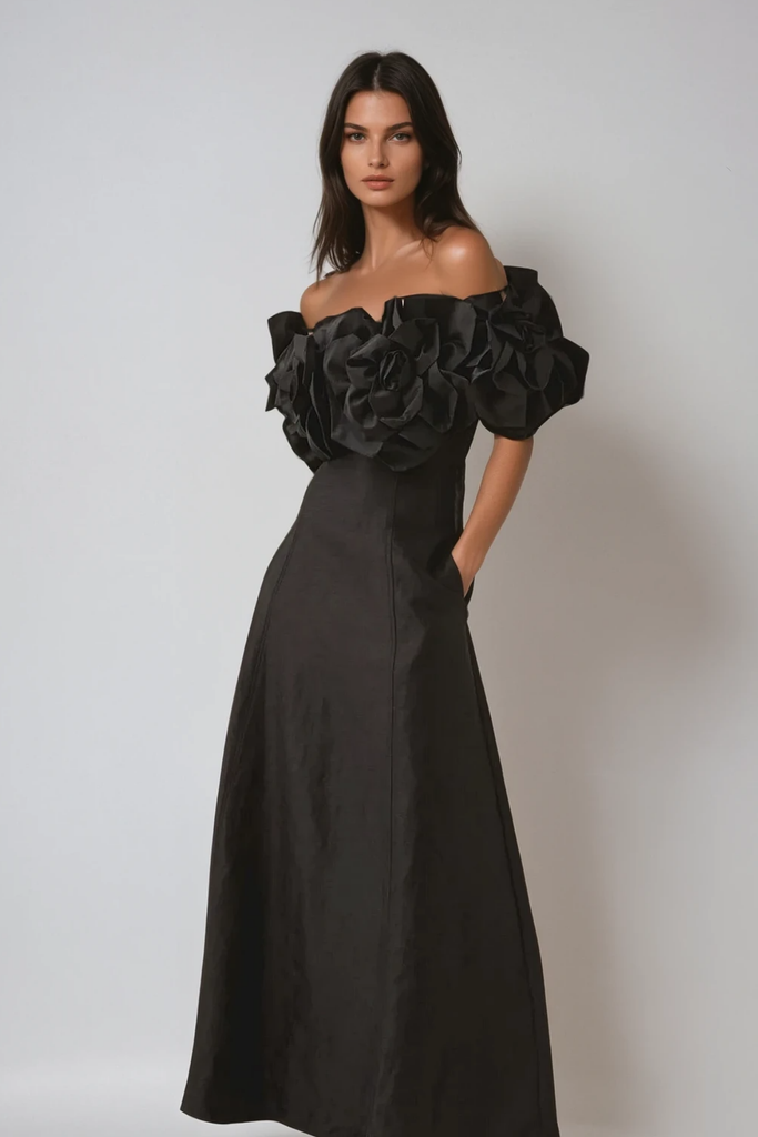 Calypso Flower Maxi Dress In Black - Stylish black dress for special occasions | Buy Online