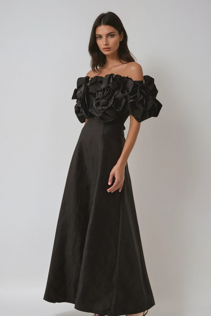 Calypso Flower Maxi Dress In Black - Stylish black dress for special occasions | Buy Online