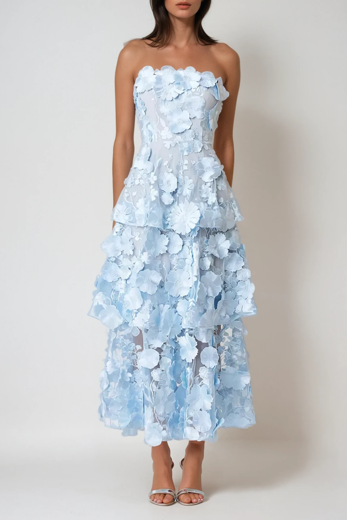 Shop  red dress - Perfect for special occasions | Camelia Strapless Embroidered Flower Maxi Dress In Blue