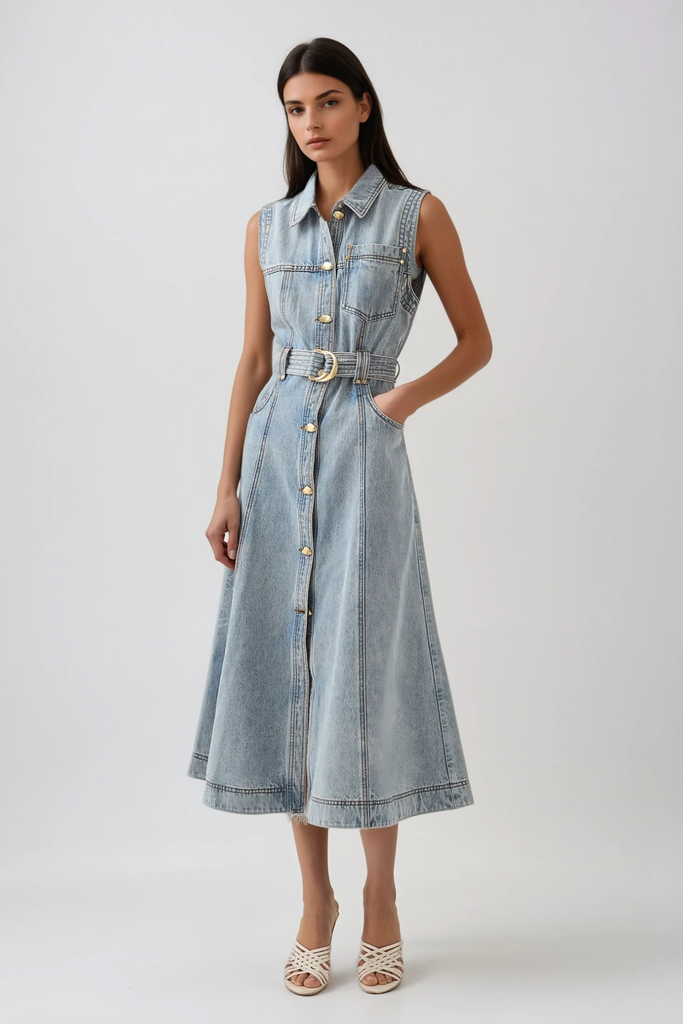 Camilla Sleeveless Denim Dress In Blue - Stylish blue dress for special occasions | Buy Online