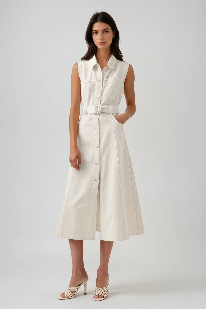 Camilla Sleeveless Denim Dress In White - Stylish white dress for special occasions | Buy Online