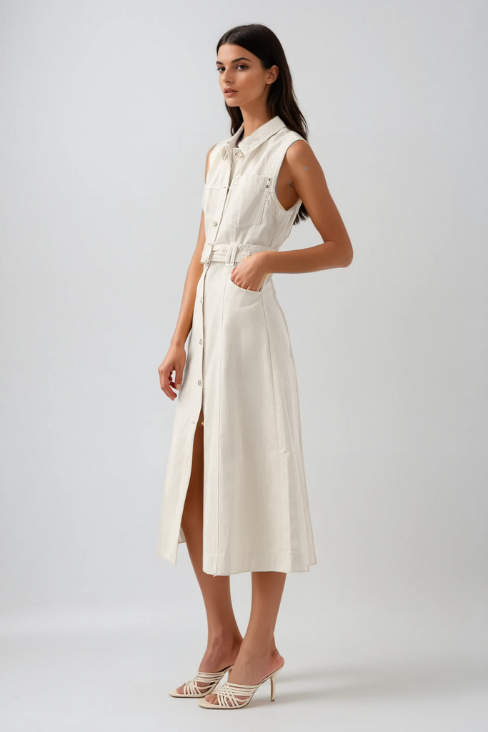 Camilla Sleeveless Denim Dress In White - Stylish white dress for special occasions | Buy Online
