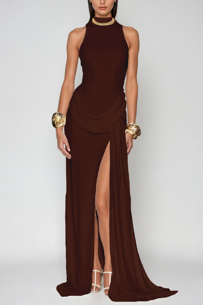 Stylish brown dress | Canaan Ruch Sleeveless Split Maxi Dress In Brown - Ideal for special occasions
