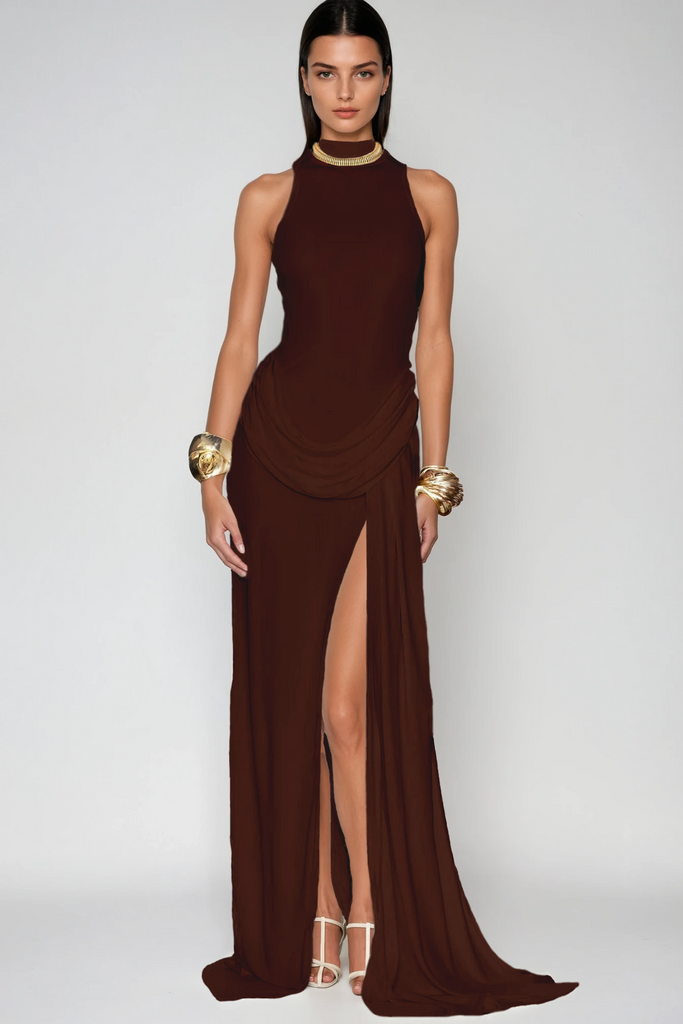 Canaan Ruch Sleeveless Split Maxi Dress In Brown - Stylish brown dress for special occasions | Buy Online